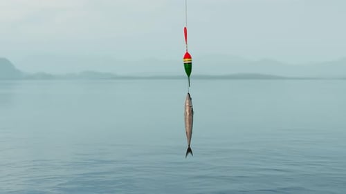 Freshly Caught Fish Hanging from Fishing Hook with Bobber