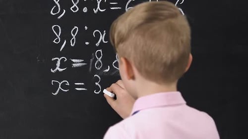 Little Boy Writing Equation Result on Blackboard, School Lessons, Back View
