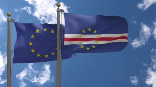 European Union and Cape Verde Flags Waving Realistically in Sky