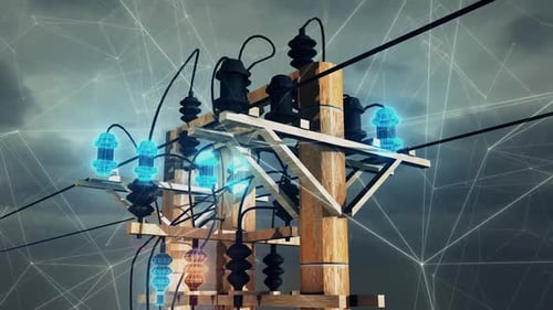 Futuristic Energy Flow on Digital Utility Pole Network