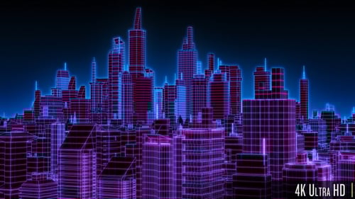 4K Futuristic Downtown Cyberpunk City in Neon Blue and Purple