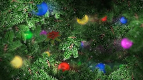 Animated Christmas Tree Branches with Glowing Ornaments and Sparkle