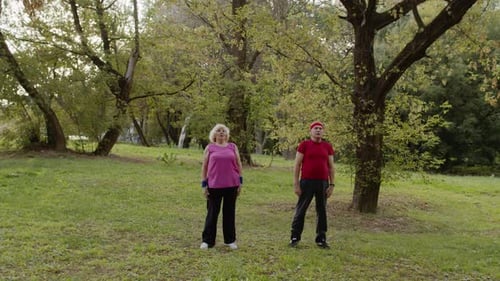 Active Senior Couple Doing Morning Stretching Physical Exercises in Park. Fitness Family Leisure