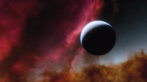 Cosmic Planet Drifting Through Colorful Nebulae Space Background