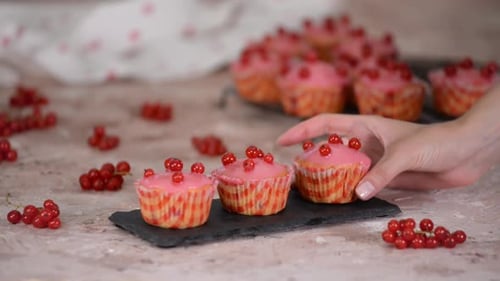 Pink Iced Cupcakes Decorated with Currants