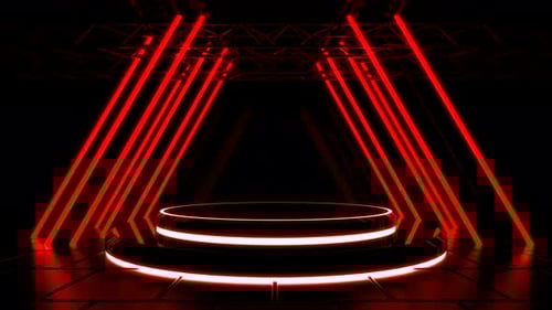 Futuristic Red Neon Podium Stage with Dynamic Laser Beams