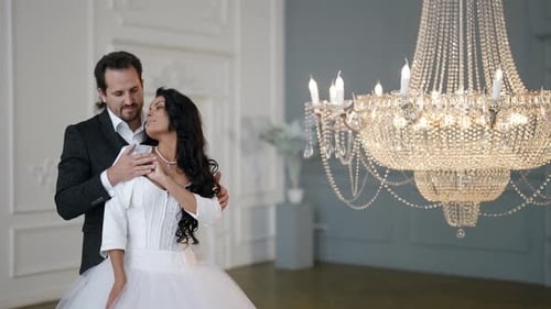Beautiful Love Story of Just Married Couple Happy Wedding Day Pretty Brunette in White Dress