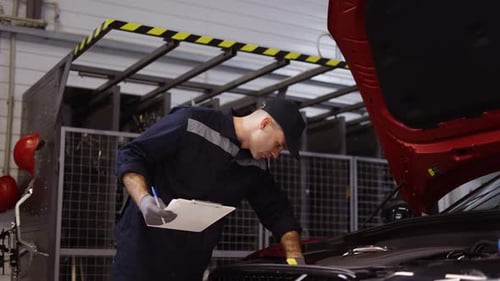 Mechanic in a Auto Repair Shop Checking Engine Using a Tablet Low Angle