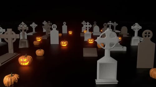 Animated Halloween Graveyard With Jack-o'-Lanterns At Night