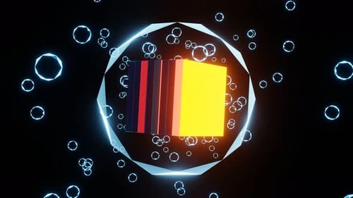 Flutuando em uma esfera de cristal, um cubo de néon cintilante