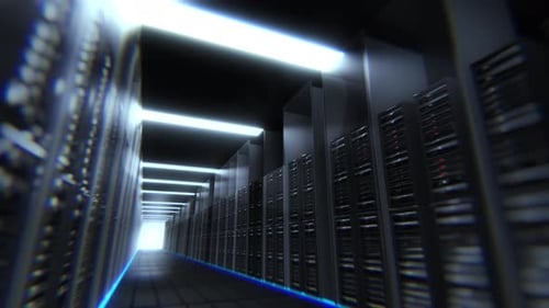 Modern Server Room Data Center Corridor Animated Flythrough