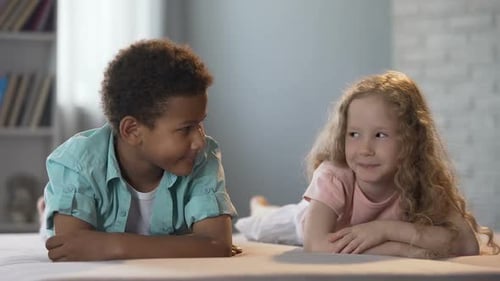 Cute Little Children Clumsily Flirting with Each Other, First Childhood Love