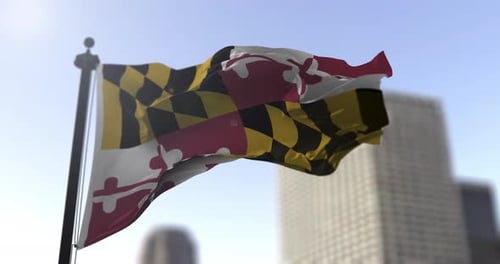 Realistic Maryland State Flag Waving with Blurred City Background