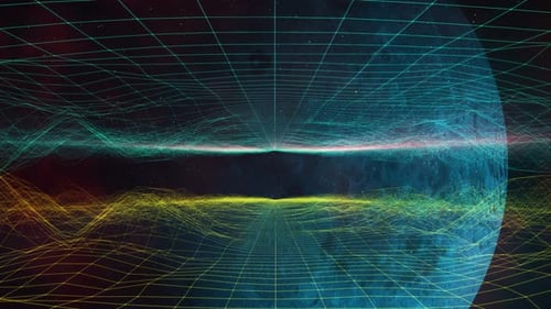 Futuristic Wireframe Grid with Abstract Data Waveforms Background