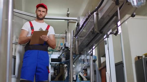 Jeune homme d'usine en uniforme prenant des notes sur le presse-papiers à l'usine de production d'eau