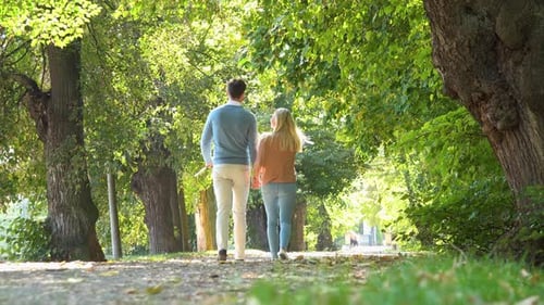 A Couple Strolls Down a Pathway Through a Park on a Sunny Day - View From Behind