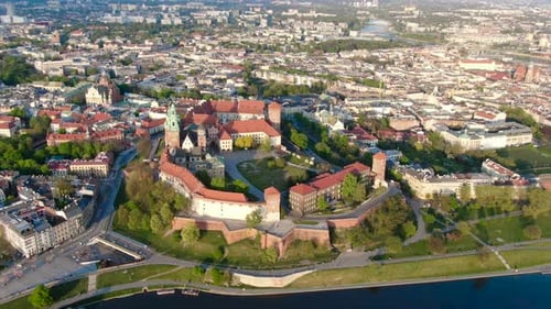 Aerial footage of Wawel Royal Castle in Cracow, Krakow, Poland, Polska