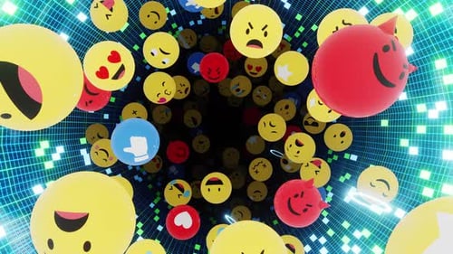 Animated 3D Emoji Social Media Reactions Flying Through Digital Tunnel
