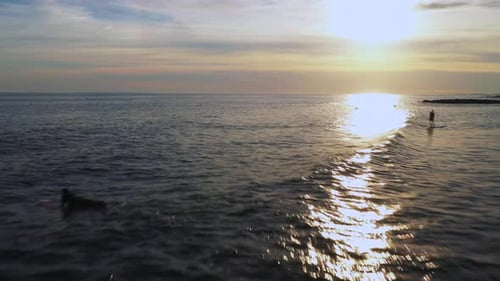 low altitude drone camera dolly shot forward above a jetty with a golden sunset in view surfers be