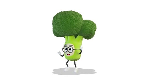 Happy Broccoli Character with Glasses Walking Animation