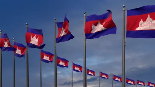 Multiple Cambodian Flags Waving in Wind Loop