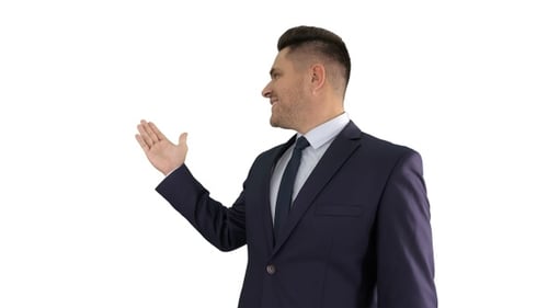 Business man pointing on product and talking to camera