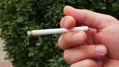 Close Up of Hand Holding Burning Cigarette
