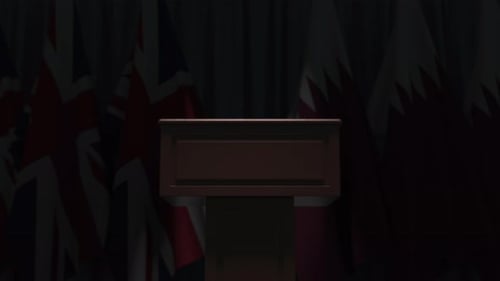 International Diplomacy Conference Stage with Podium and Flags