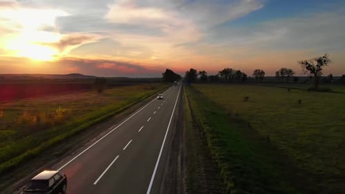 Amazing Aerial Drone View Cars and Semi Trucks Driving By Road