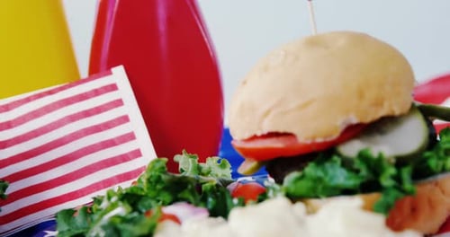 All-American Hamburger and Potato Salad Close-Up