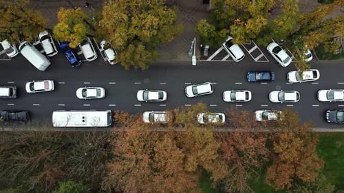 Drone Point of View: Aerial City Traffic, Top Down View of Freeway Busy City Rush Hour Traffic Jam