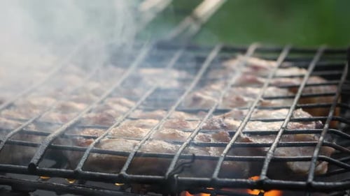 Meat Grilling on Outdoor Barbecue with Smoke