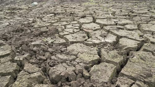 Water Crisis in Pernik, Bulgaria. Studena Dam Dried Cracked Mud Bottom