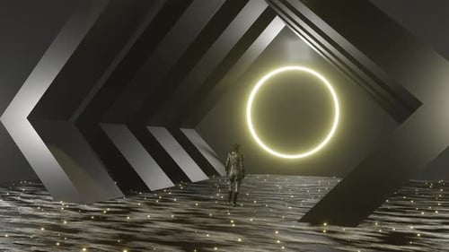 Mulher 4K em pé diante do portal cósmico | Interdimensional Gateway Sci Fi Energy Universe Background