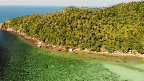 Aerial Drone View Small Koh Ma Island, Ko Phangan Thailand. Exotic Coast Panoramic Landscape, Mae