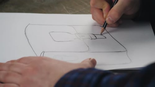 The Currier in the Workshop at the Table Draws a Sketch of a New Product