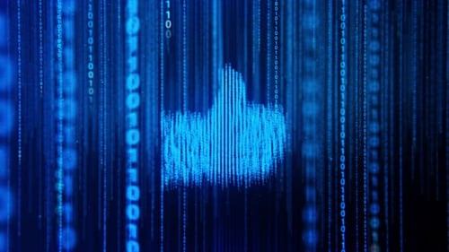 Blauer Binärcode, Matrixcode, fallende digitale Symbole mit Like-Symbol