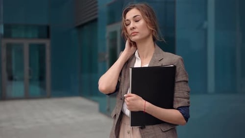 Businesswoman Successful Woman Business Person Standing Outdoor Corporate Building Exterior, Excited