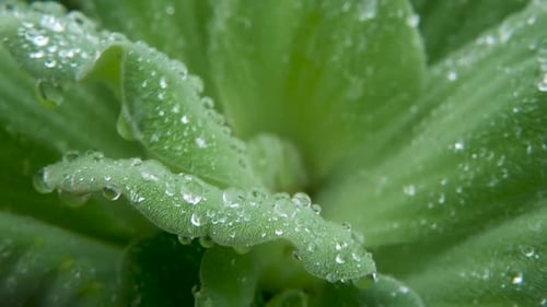 Water Drops on Plant Leaves. From Above Closeup Leaves of Green Plant with Drops of Clean Fresh