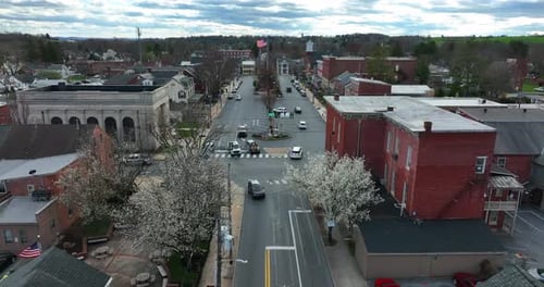 Cars Driving Through Quiet American Town Aerial View