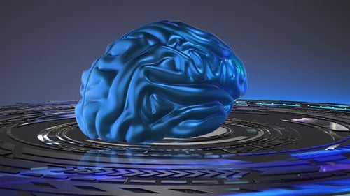 Brain Rotation In Data Flow On An Electronic Platform. Looped Abstract Animation