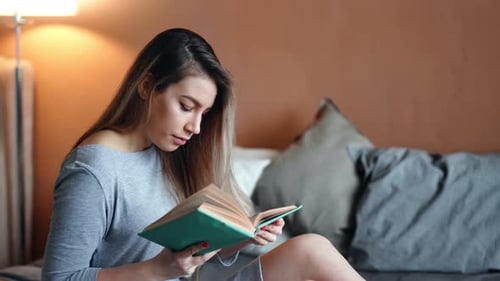 Smiling Young Girl Read Interesting Novel Literature at Cosiness Interior Having Positive Emotion