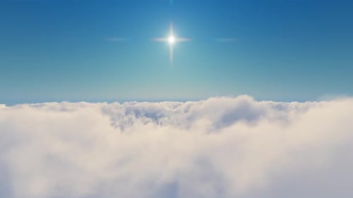 Peaceful Flight Above Clouds with Bright Star and Lens Flare