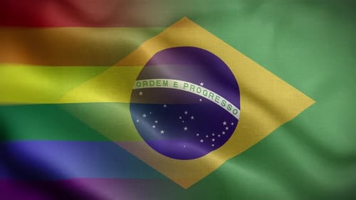 Waving Brazilian Flag with Rainbow Pride Colors