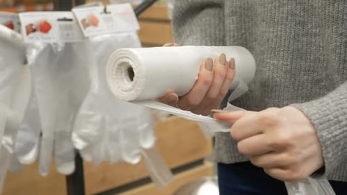 woman tears off cellophane plastic bags in the bread department store supermarket.