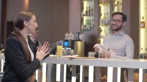 Woman Chatting With Bartender at Brightly Lit Bar