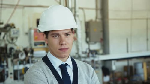 Junger Ingenieur blickt in der modernen Fabrik in die Kamera