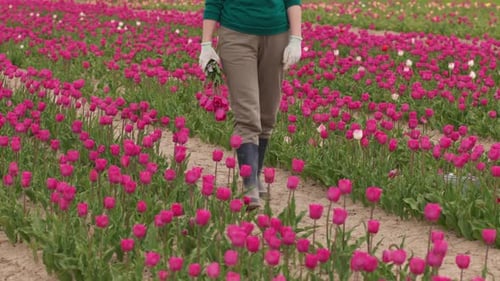 Farmer Walking Through Rows Bright Pink Tulip Flowers Tulips Field Farm
