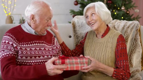 Mature Couple Exchanging Christmas Gift in Home