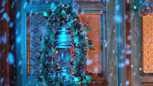 Decorated Christmas Wreath Hanging on Front Door